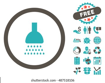 Shower icon with free bonus pictograph collection. Vector illustration style is flat iconic bicolor symbols, grey and cyan colors, white background.