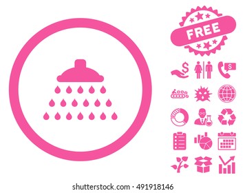 Shower icon with free bonus pictures. Vector illustration style is flat iconic symbols, pink color, white background.