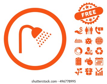 Shower icon with free bonus pictures. Vector illustration style is flat iconic symbols, orange color, white background.
