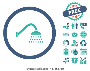 Shower icon with free bonus icon set. Vector illustration style is flat iconic bicolor symbols, cobalt and cyan colors, white background.