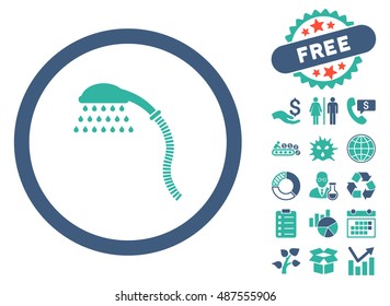 Shower icon with free bonus icon set. Vector illustration style is flat iconic bicolor symbols, cobalt and cyan colors, white background.