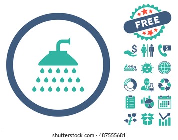 Shower icon with free bonus symbols. Vector illustration style is flat iconic bicolor symbols, cobalt and cyan colors, white background.
