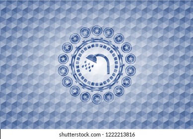 shower icon inside blue hexagon emblem.