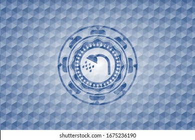 shower icon inside blue hexagon emblem.