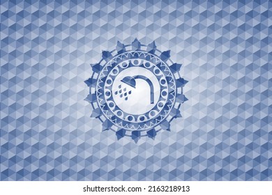 shower icon inside blue polygonal badge. 