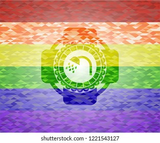 shower icon inside emblem on mosaic background with the colors of the LGBT flag