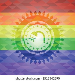 shower icon inside emblem on mosaic background with the colors of the LGBT flag