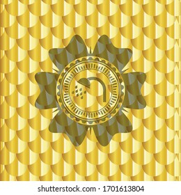shower icon inside gold badge. Scales pattern. Vector Illustration. Detailed.
