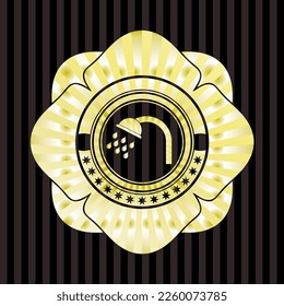 shower icon inside gold emblem or badge. 
