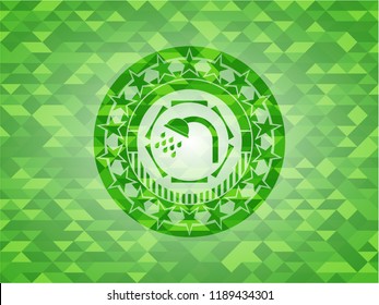 shower icon inside green emblem. Mosaic background
