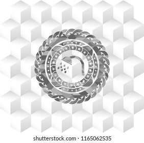 shower icon inside grey badge with geometric cube white background