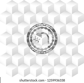 shower icon inside grey emblem with cube white background