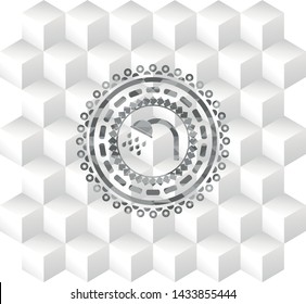 shower icon inside grey emblem with geometric cube white background