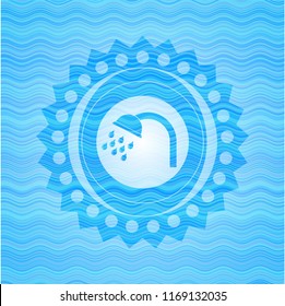 shower icon inside light blue water wave emblem background.