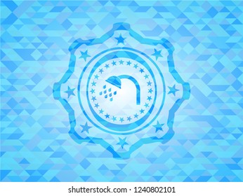 shower icon inside light blue emblem with triangle mosaic background