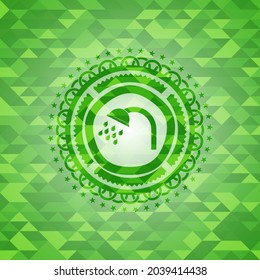 shower icon inside realistic green emblem. Mosaic background. 