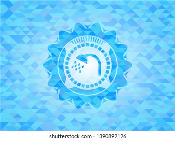 shower icon inside realistic light blue emblem. Mosaic background