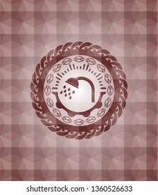 shower icon inside red emblem or badge with abstract geometric polygonal pattern background. Seamless.
