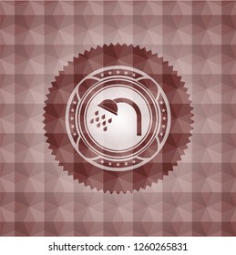 shower icon inside red seamless emblem with geometric pattern.