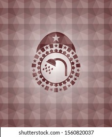 shower icon inside red seamless emblem with geometric pattern background.