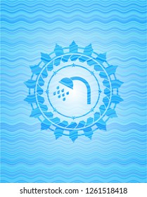 shower icon inside sky blue water wave style badge.