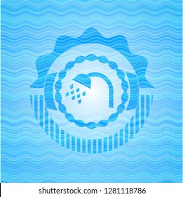 shower icon inside sky blue water wave emblem background.