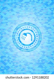 shower icon inside sky blue emblem. Mosaic background