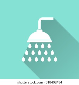 Shower  icon with long shadow on green background, flat design. Vector illustration.