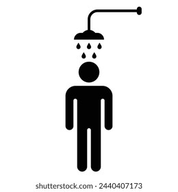 Shower icon. Man washing in the shower. Taking or having a shower. Human black silhouette. Shower cabin vector symbol. Isolated on white background.