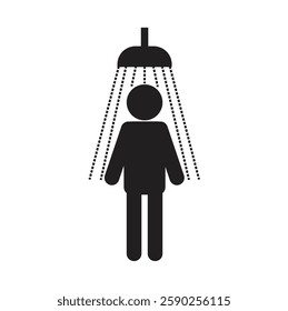 Shower icon. Man washing in the shower. Taking or having a shower. Human black silhouette. Shower cabin vector symbol. Isolated on white background.