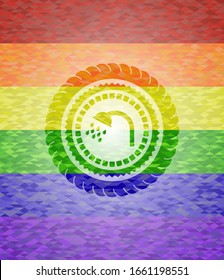 icono de ducha en fondo de mosaico con los colores de la bandera LGBT