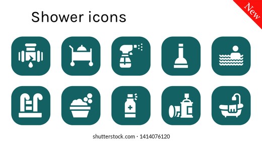 shower icon set. 10 filled shower icons.  Collection Of - Leak, Room service, Spray, Plunger, Swimming pool, Washbowl, Bathtub