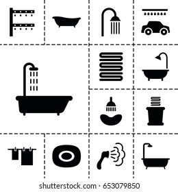 Shower icon. set of 13 filled showericons such as shower, soap, towels, cloth hanging, car wash, irrigation system