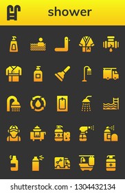 shower icon set. 26 filled shower icons.  Collection Of - Soap, Swimming pool, Duck, Bathrobe, Leak, Robe, Plunger, Shower, Plumber, Water, Bath, Room service, Shampoo, Spray