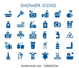  shower icon set. 30 filled shower icons. Simple modern icons about  - Bath, Plunger, Soap, Spray, Washbowl, WASHING HANDS, Water, Swimming pool, Plumber, Room service, Leak, Antiseptic