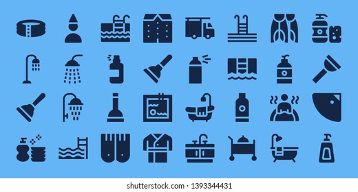shower icon set. 32 filled shower icons. on blue background style Collection Of - Pool, Shower, Plunger, Wash, Birthday boy, Swimming pool, Spray, Flippers, Apartments, Robe, Plumber
