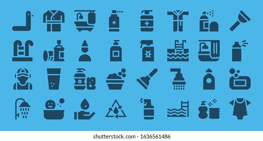 shower icon set. 32 filled shower icons. on blue background style Simple modern icons such as: Duck, Swimming pool, Plumber, Shower, Robe, Spray, Water, Bathtub, Birthday boy