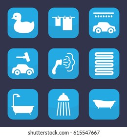 Shower icon. set of 9 filled shower icons such as duck, towels, shower, cloth hanging, car wash