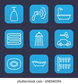 Shower icon. set of 9 outline shower icons such as soap, towels, shower, car wash, irrigation system