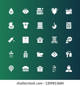 shower icon set. Collection of 25 filled shower icons included Bellhop, Shower, Real estate, cap, Hotel, Key room, Baby boy, Bidet, Room service, Water, Washing, Duck, Baby clothes