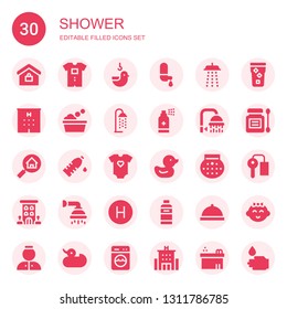 shower icon set. Collection of 30 filled shower icons included Real estate, Baby clothes, Duck, Water, Shower, Hotel, Washing, Antiseptic, Shampoo, Room service, Key room, Baby girl