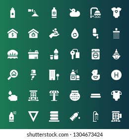 shower icon set. Collection of 36 filled shower icons included Hotel, Shower, Water, Washing, Antiseptic, Baby clothes, WASHING HANDS, Ducky, Aerosol, Real estate, Birthday boy