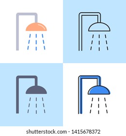 Shower icon set in flat and line style. Water hygiene symbol. Vector illustration.