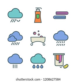 shower icon set. vector set about rain, liquid soap, bathtub and towel icons set.