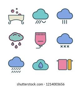 shower icon set. vector set about bathtub, rain, towels and gel icons set.
