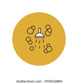 Icono de ducha en un círculo amarillo. En el cuarto de baño hay una cabina de ducha. Agua y vapor. Higiene y desinfección. Botón personalizado en la interfaz de la aplicación. Gráficos vectoriales.