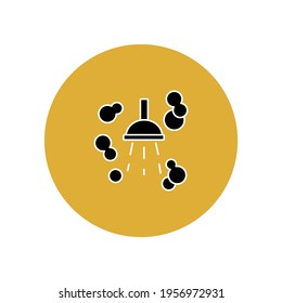 Icono de ducha en un círculo amarillo. En el cuarto de baño hay una cabina de ducha. Agua y vapor. Higiene y desinfección. Botón personalizado en la interfaz de la aplicación. Gráficos vectoriales.