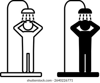 Shower Icons. Black and White Vector Illustration. Man Washing Under Shower. Cleanliness, Disinfection. Hygiene Concept