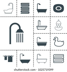 Shower icons. set of 13 editable filled and outline shower icons such as soap, towels, shower, cloth hanging