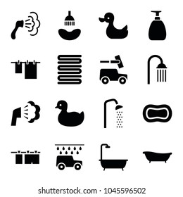 Shower icons. set of 16 editable filled shower icons such as duck, shower, towels, cloth hanging, bath, soap